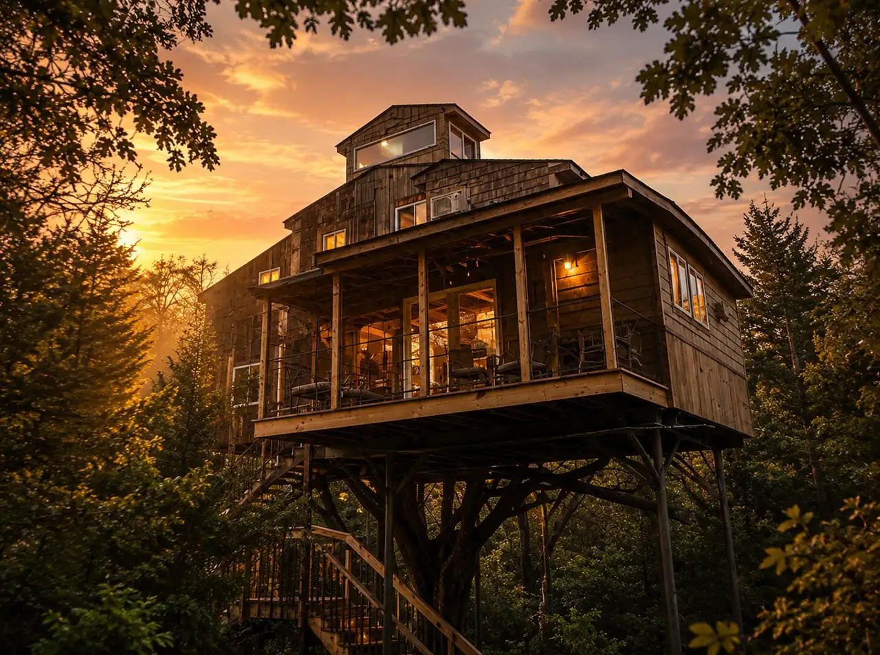 Upward Treehouse rising above the trees at sunset
