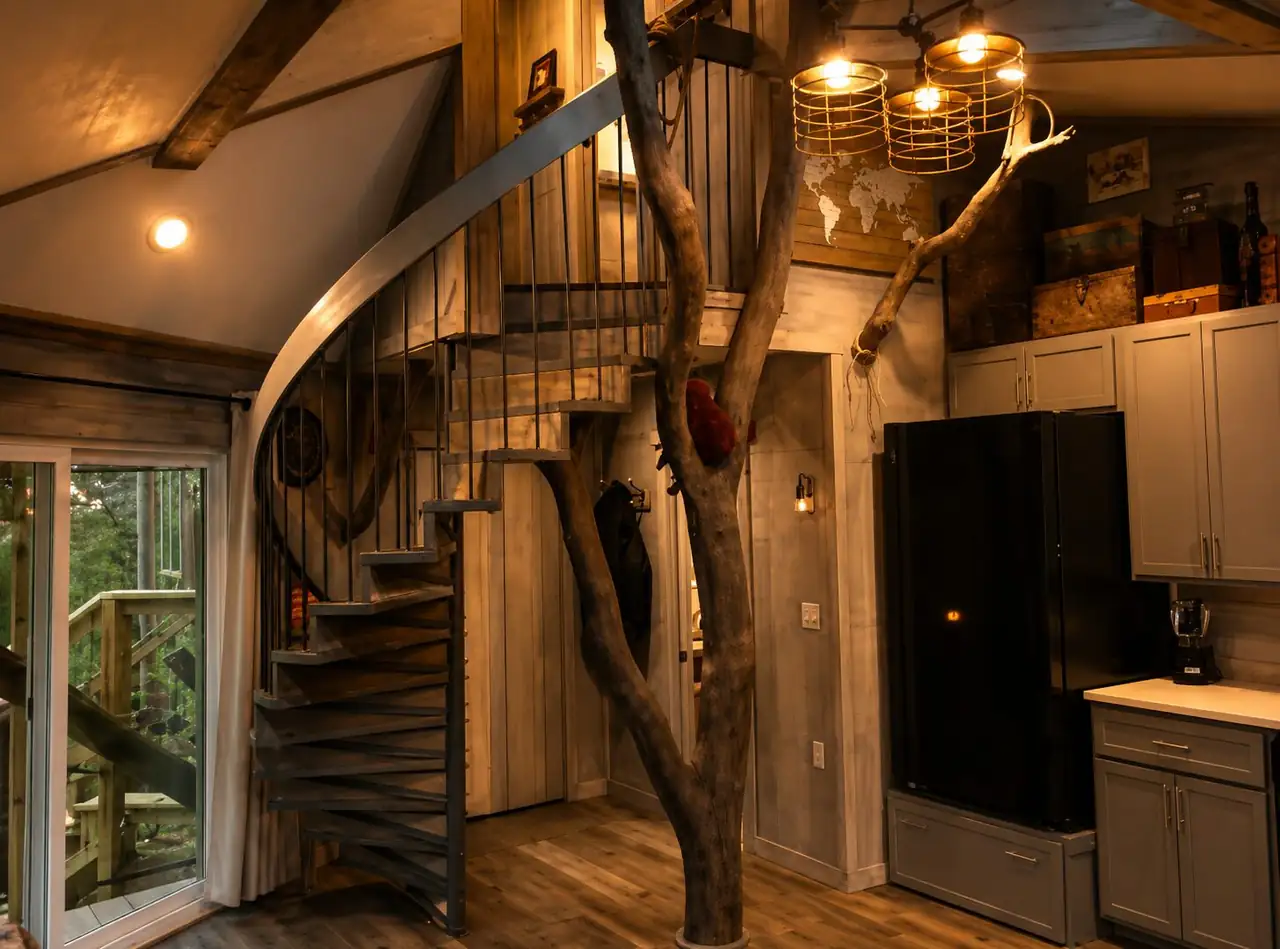Spiral staircase wrapped around a tree trunk
