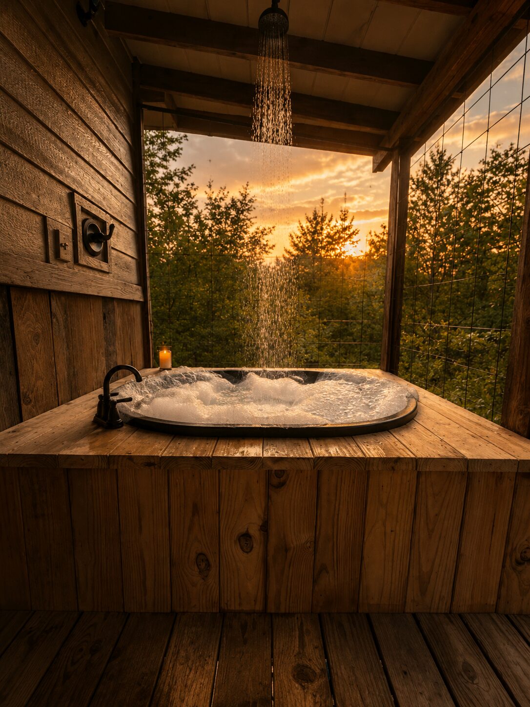 Two-person hot tub on the wraparound deck over the woods