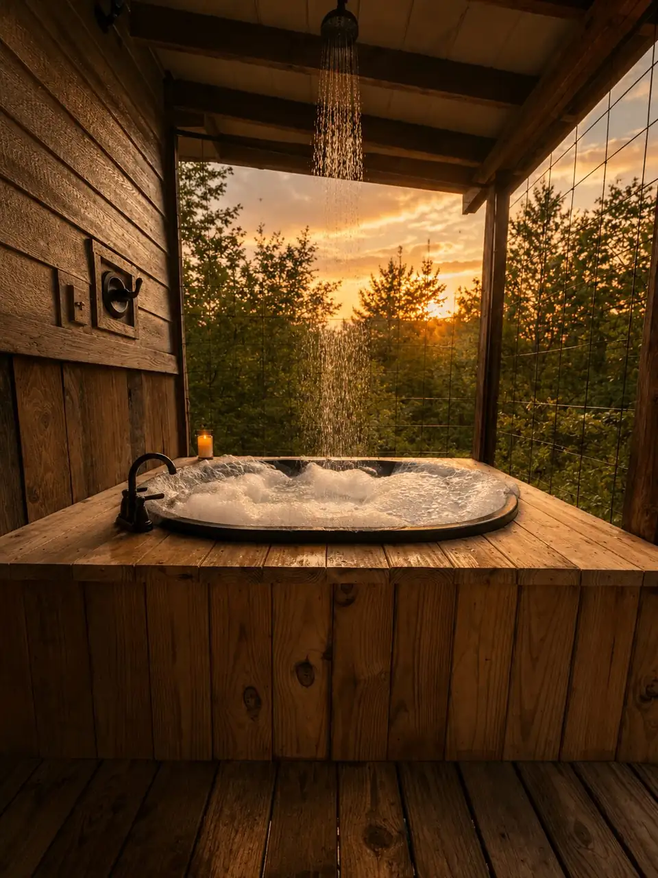 Two-person hot tub on the wraparound deck over the woods