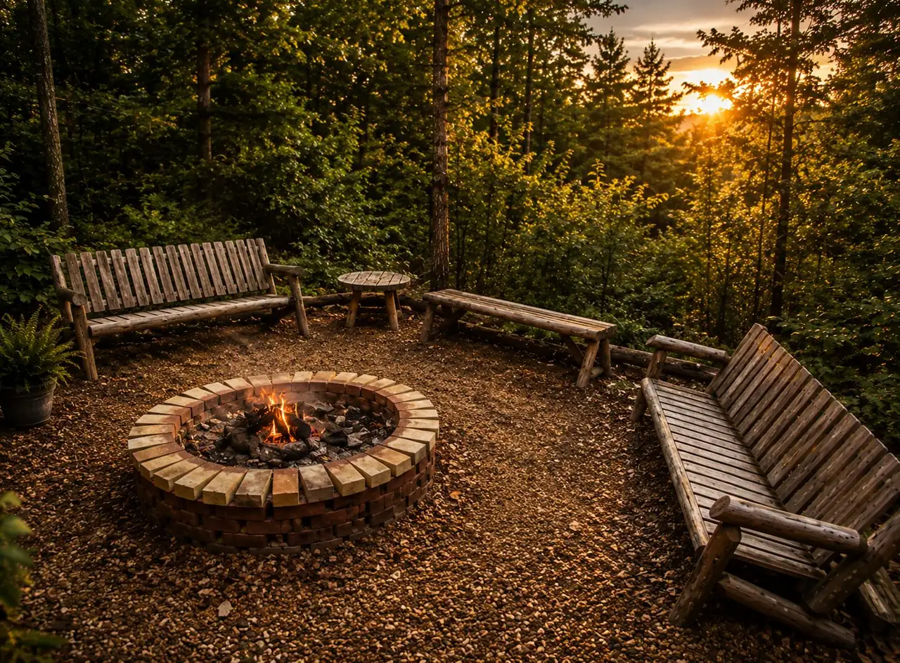 Fire pit surrounded by benches at sunset