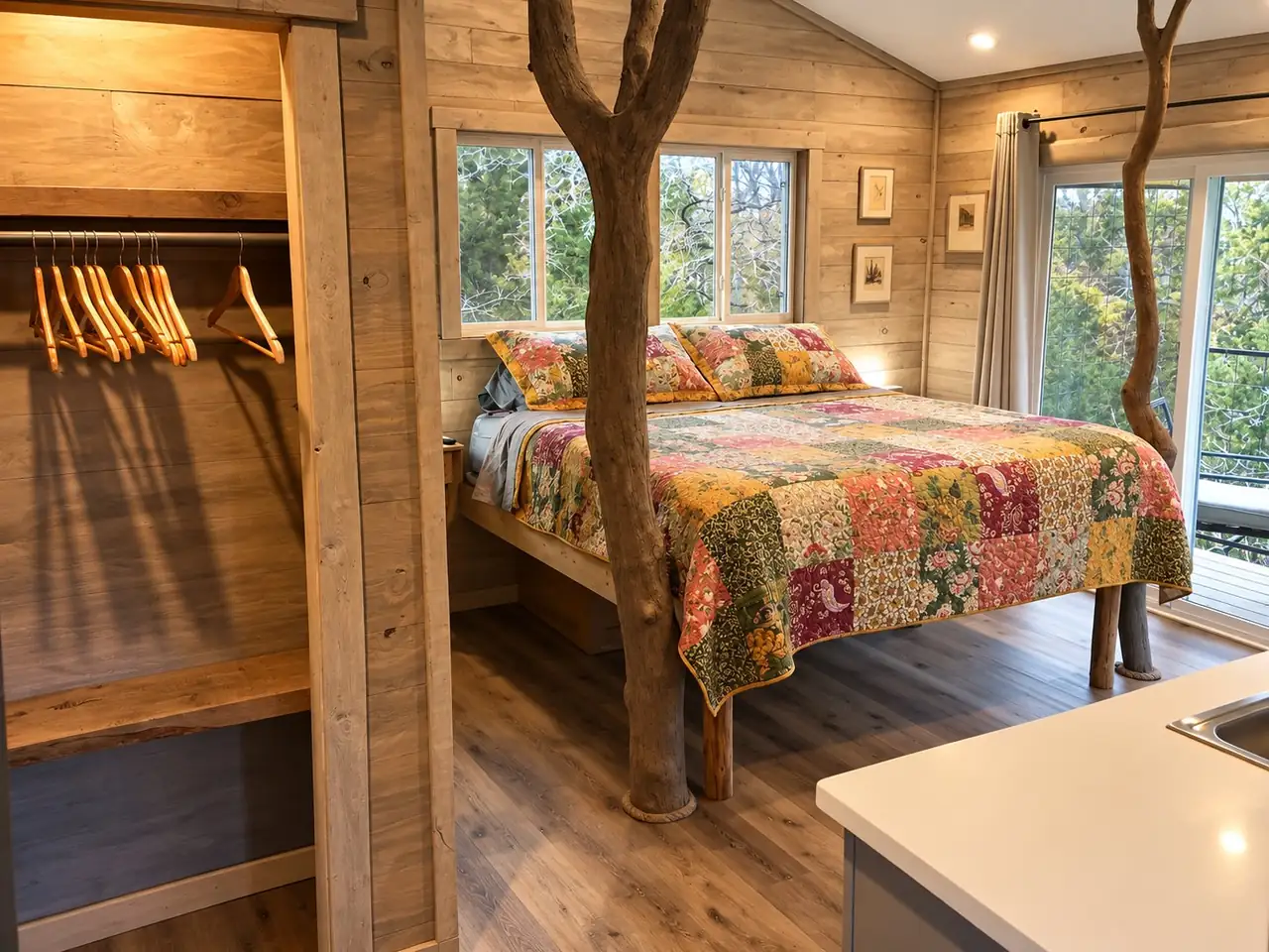 The king bed in Suite B, with a tree growing through the room