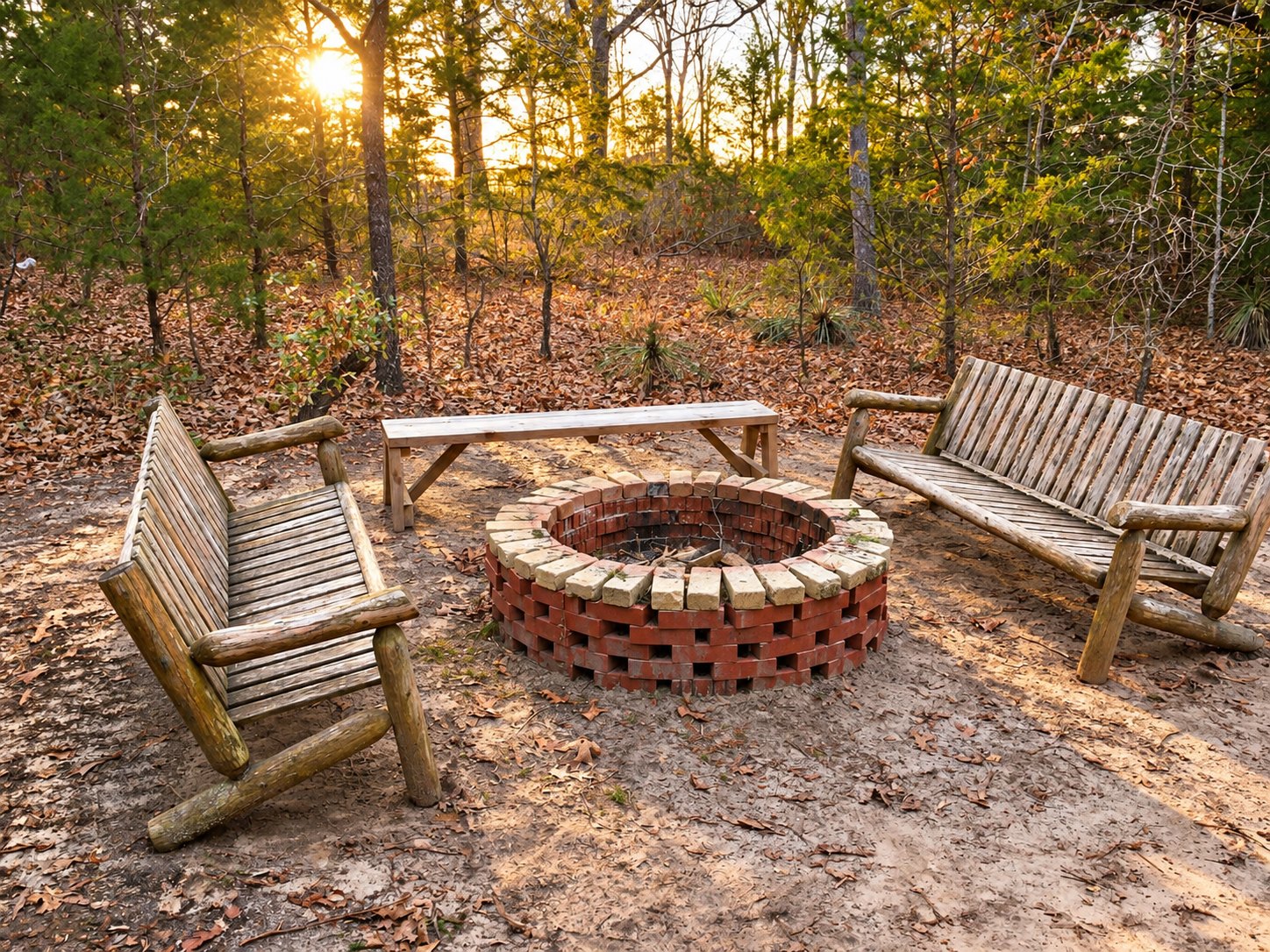 Fire pit with log benches at golden hour