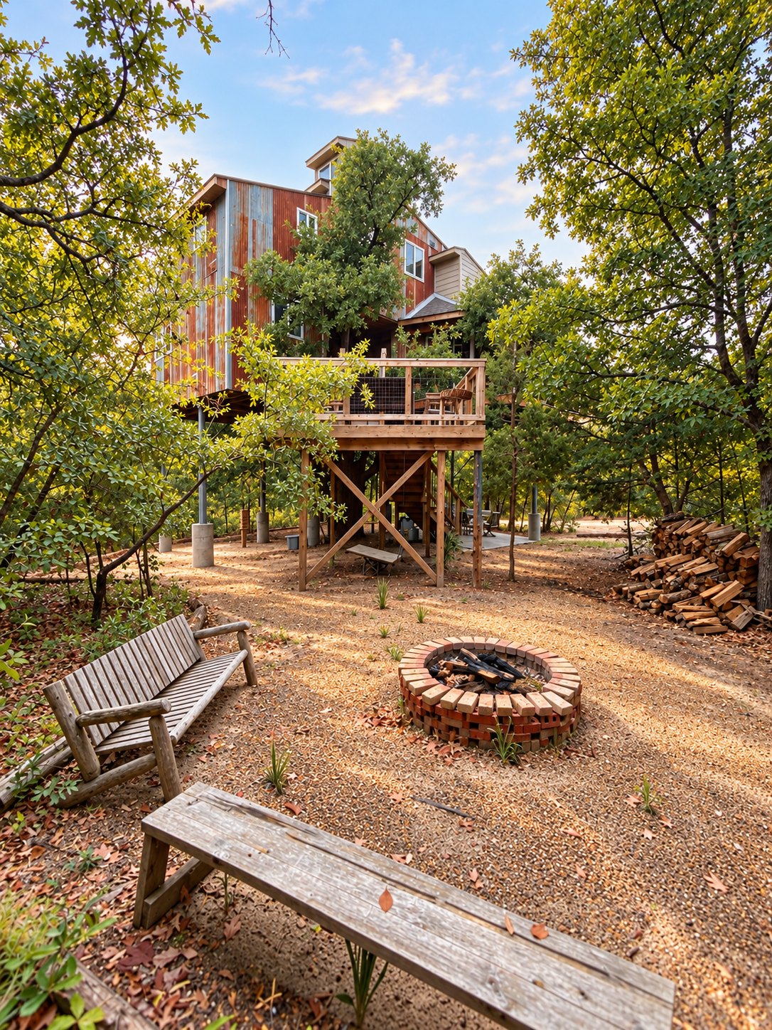 The treehouse tower above the fire pit