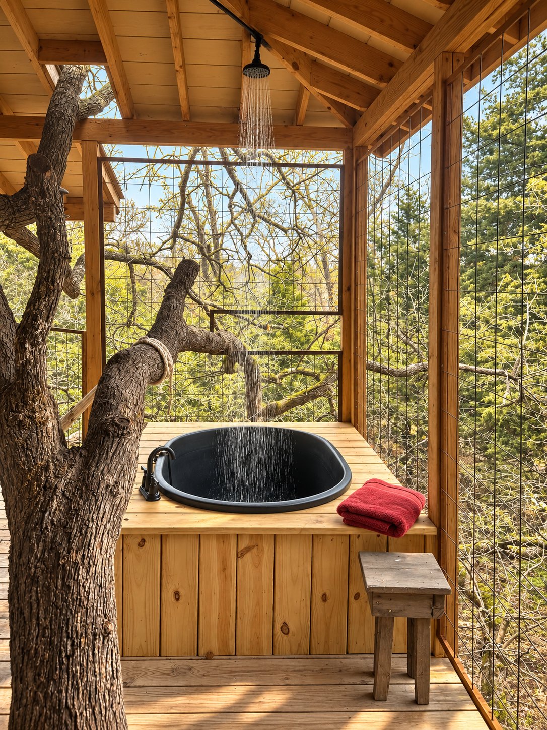 Two-person hot tub in a wooden enclosure in the treetops